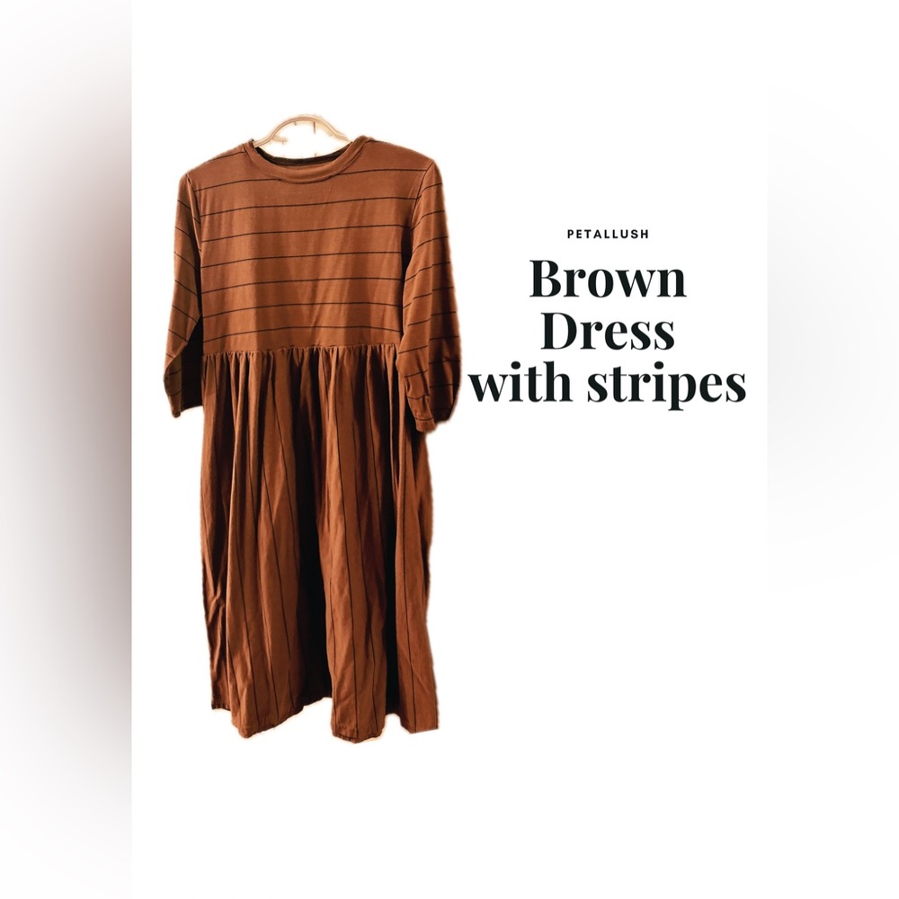 3/4 Length Sleeve Round Neck Natural Stripe Midi Mom Dress With Pocket